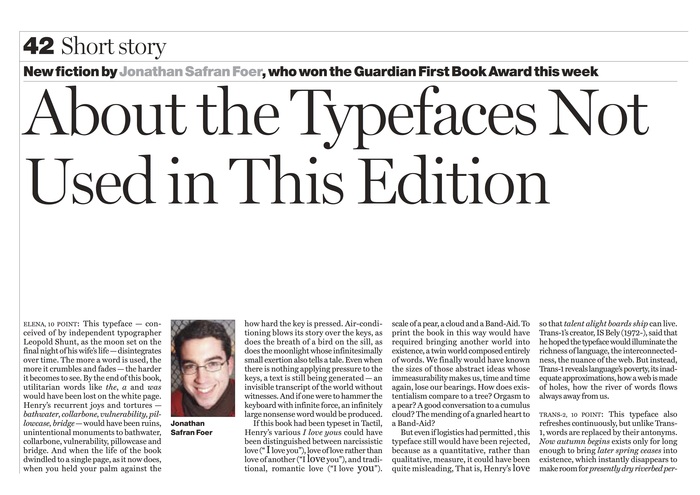“About the Typefaces Not Used in This Edition” — Jonathan Safran Froer, The Guardian 1