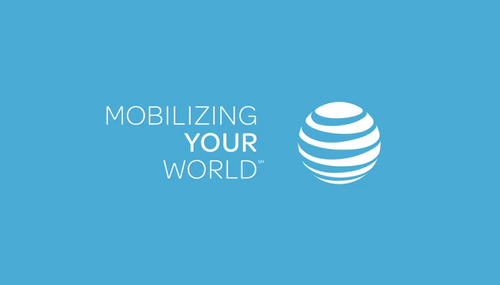 AT&amp;T’s globe logo is complemented by the marketing proposition “Mobilizing Your World”, rendered in right-aligned caps from Omnes.
