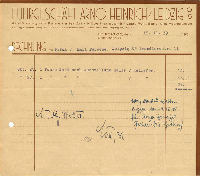 Fuhrgeschäft Arno Heinrich invoice, 1939 1