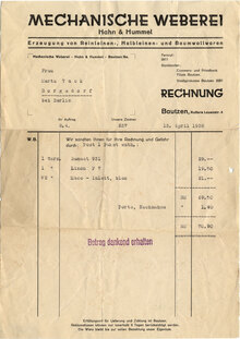 Mechanische Weberei Hahn & Hummel invoice, 1938