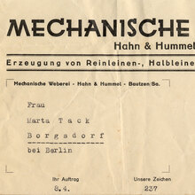Mechanische Weberei Hahn & Hummel invoice, 1938
