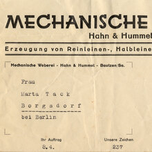 Mechanische Weberei Hahn & Hummel invoice, 1938