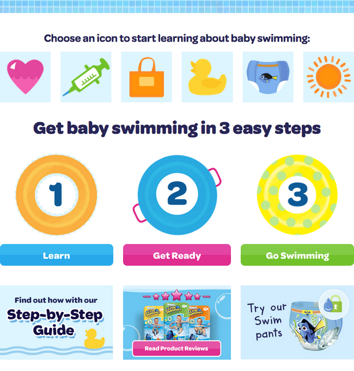 The animated microsite for Little Swimmers swim pants makes colorful use of Omnes Bold and Semibold.