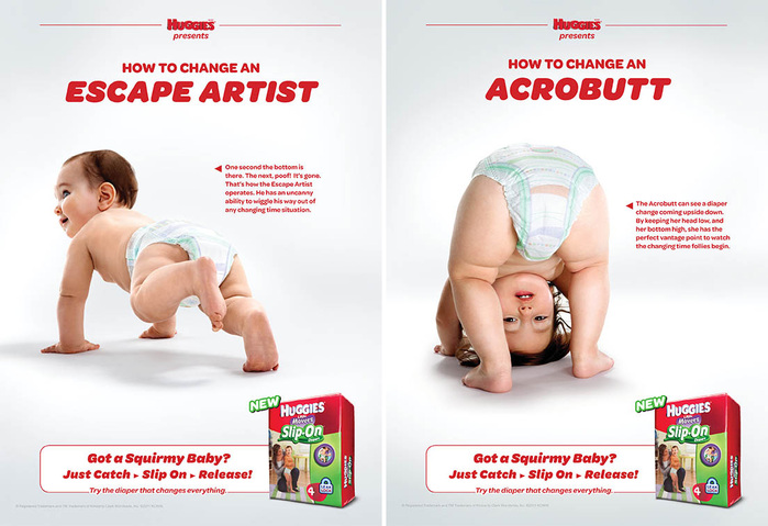 Ads from the “Little Mover’s Slip-On Diaper” campaign. See also the TV spots directed by Bruce Hurwit.