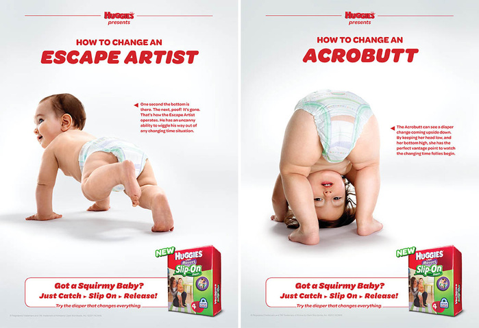 Ads from the &ldquo;Little Mover&rsquo;s Slip-On Diaper&rdquo; campaign. See also the TV spots directed by Bruce Hurwit.