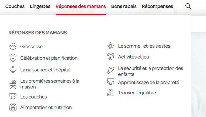 Menu of the French-language website with &ldquo;Mommy Answers&rdquo;. Omnes is paired with matching icons.