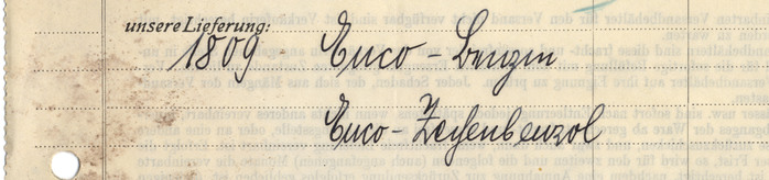 Not only was Germany oscillating between Fraktur and Antiqua typography. Handwriting was complicated, too: People learned and used two fundamentally different scripts, “Lateinisch” (roundhand) and “Deutsch” AKA Kurrent (a cursive broken script). The writer of this invoice mixed both styles arbitrarily. The first line reads “Euco-Benzin”, with characteristic Kurrent forms for ‘B’, ‘e’, and ‘z’. The line below reads “Euco-Zechenbenzol”. Now the ‘e’ and the ‘z’ are clearly “lateinisch”, while the ‘ch’ shows “German” letterforms.