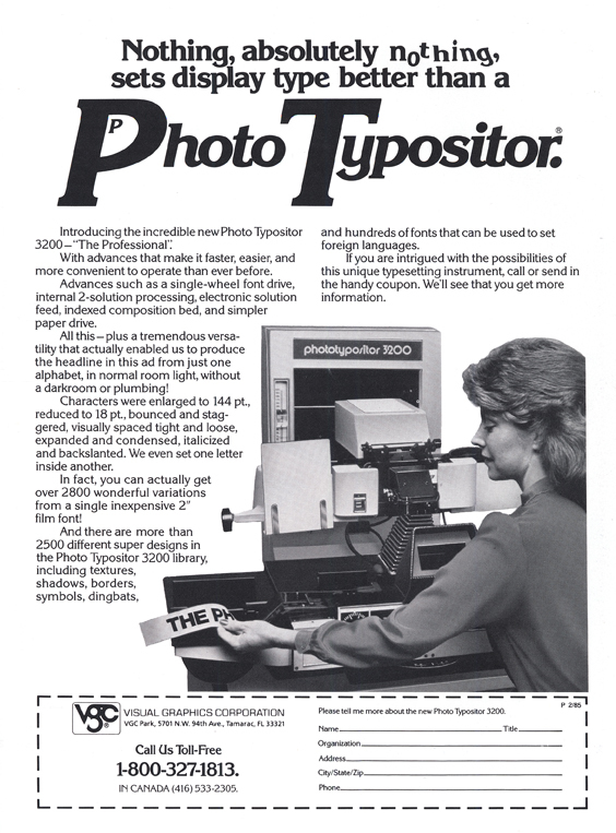 The Photo Typositor 3200 in a magazine ad from 1985. The ad typography is in Korinna.