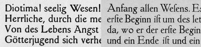 A comparison of Janus-Pressen-Schrift (private, 1907, left) and Tiemann-Medi&auml;val (Klingspor, 1909, right). Note that the two samples show neither the same size nor reproduction method.