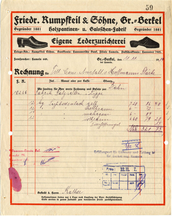 Friedrich Rumpfkeil & Söhne invoice, 1919 1