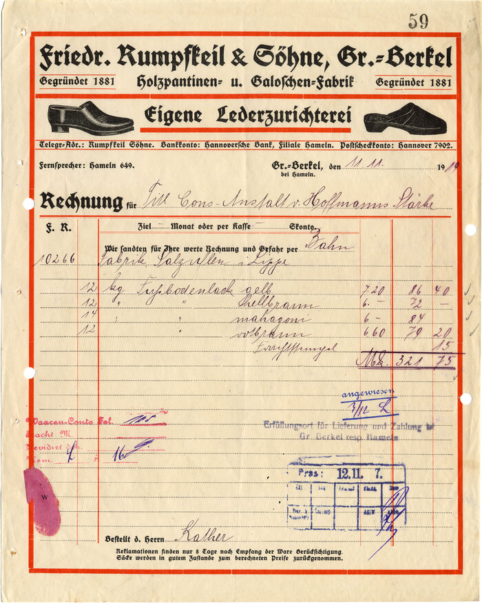 Friedrich Rumpfkeil & S&ouml;hne invoice, 1919 1