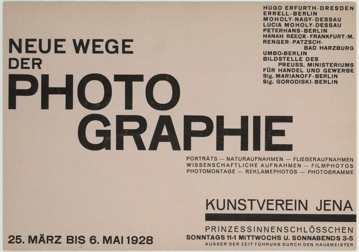 This 1928 photography exhibition featured works by Hugo Erfurth, Lotte (and Richard?) Errell, Lucia Moholy and her husband László Moholy-Nagy, Walter Peterhans, Albert Renger-Patzsch, Umbo (Otto Umbehr) and others. 14.8&nbsp;✕&nbsp;21&nbsp;cm.