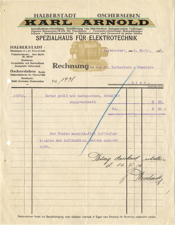 The bold wide caps with triangular serifs are from Latin Wide (1883). The Victorian caps used for &ldquo;Spezialhaus f&uuml;r Elektrotechnik&rdquo; might be from Graziosa (around 1900?) as cast by J.&nbsp;John S&ouml;hne. The small sans serif bits are probably in Reform-Grotesk (1904). The footer (and only the footer) is set with long &lsquo;s&rsquo; (&ldquo;Ber&uuml;ckſichtigung&rdquo;, &ldquo;dieſelben&rdquo;). The secret star in this wild mix is Michel-Antiqua (1919), a horizontally hatched roman by Karl Michel. Unfortunately, it has been used for too much text, in too small sizes. In addition, the printing is so poor that this little gem can&rsquo;t really shine.