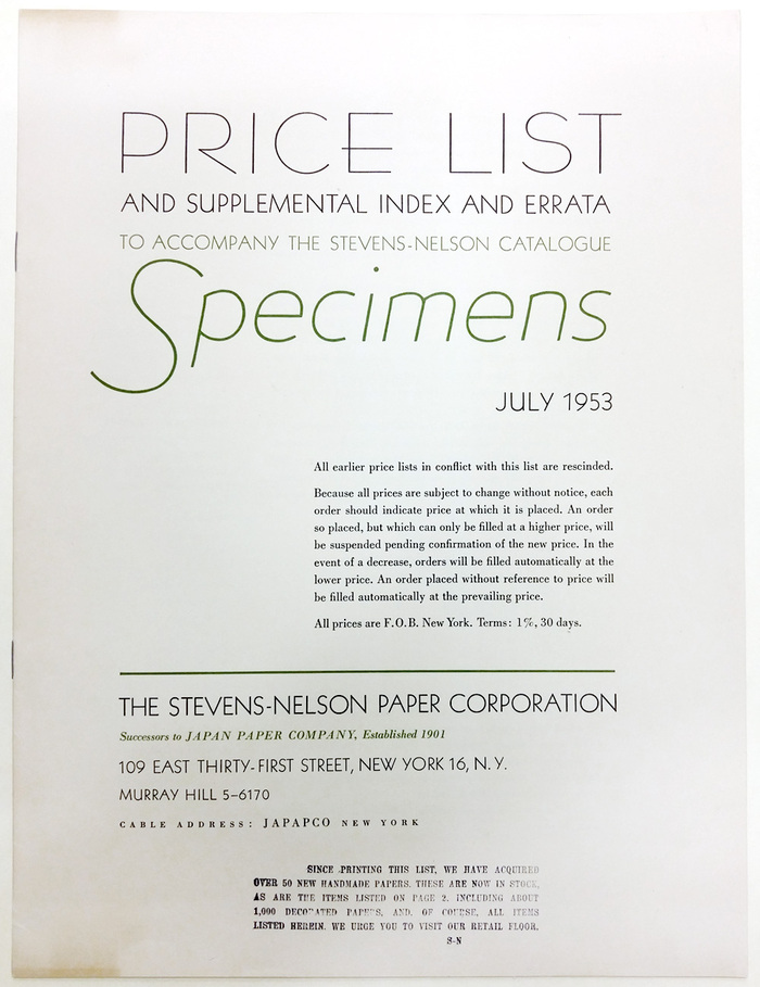 Price List, Stevens-Nelson Paper Corporation