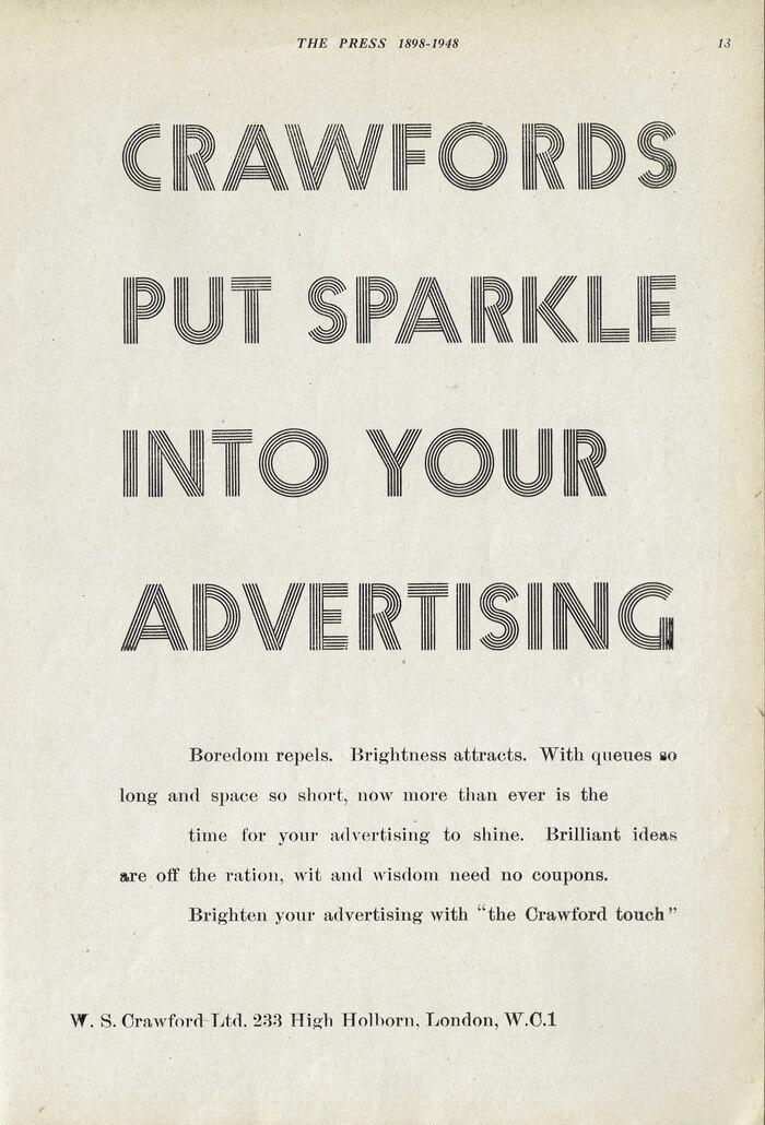 Ad in The Press 1898–1948  — “by Distinguished Contributors from All Sections of the Press. Published in its Golden Jubilee Year” by The Newspaper World.