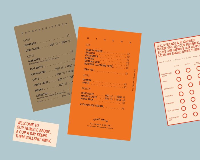 On the menu and collateral, the typographic palette is extended with  (Colophon Type Foundry), Hoefler &amp; Co’s  and Grilli Type’s  Expanded .
