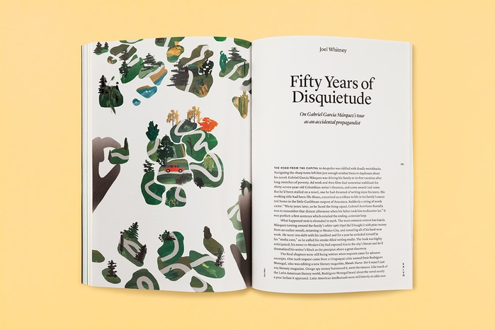 Opening spread of an article by Joel Whitney. Illustration by Jon Han.