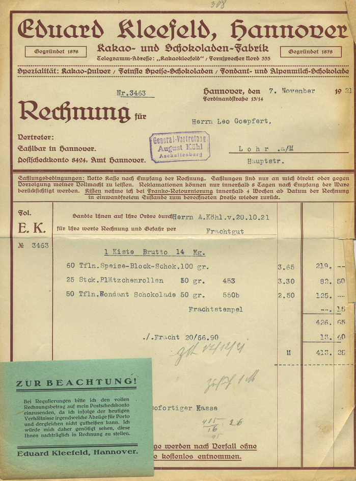 Eduard Kleefeld invoice, 1921