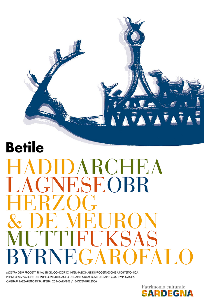 Leaflet for the presentation of the 9 finalists projects of the international architectural design competition for the establishment of the Mediterranean Museum Of Nuragical Art and Contemporary Art Cagliari, 2006. The names of the participants are set in caps from Bauer Bodoni, again echoing the four colors of the logo.

&nbsp;

Bodoni here is paired with Futura, which is arguably a better counterpart than Frutiger. The long lines in all caps would have benefitted from some tracking, though.
