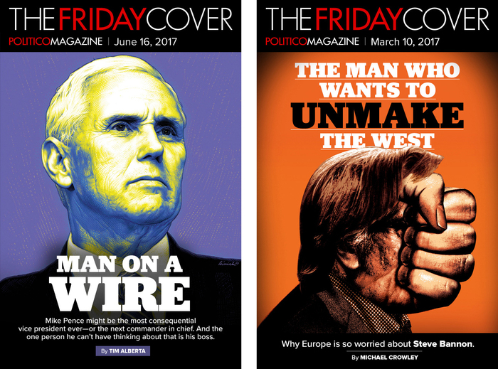 Jubilat again is paired with Proxima Nova as secondary typeface. The logos of Politico Magazine and The Friday Cover are in tightly spaced caps from Futura, with words separated by color rather than spaces.
