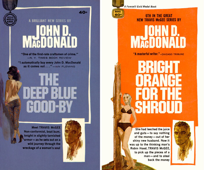The Deep Blue Good-by, No. 1 in the Travis McGee series (1964) and Bright Orange for the Shroud (1968). Cover art by Ron Lesser.