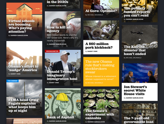The Agenda&rsquo;s article teasers are arranged on a four-column grid. When placed on images, white Jubilat Bold get a subtle shadow treatment. The regular weight is used for articles without images.