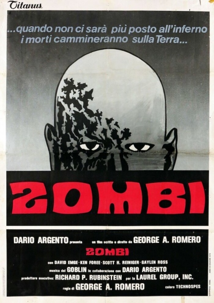Another poster by Titanus, Italy, with the zombie head from the US poster rendered in black and white.