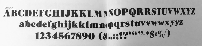 The sample of Grouch with the alternate letters, as shown in Lubalin Smith Carnase Typefaces catalog, 1970. The alternate letters were not published when the typeface was digitized.