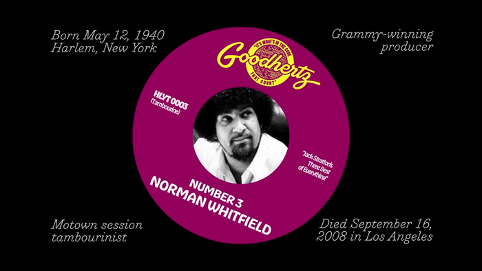 Trianon Italic is used for the facts about Norman Whitfield, Hobeaux and Hobeaux Rococeaux Sherman for the faux record label. Additional lettering by OH no Type Co., riffing on the original “Gordy” logotype.