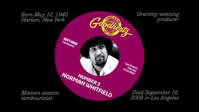 Trianon Italic is used for the facts about Norman Whitfield, Hobeaux and Hobeaux Rococeaux Sherman for the faux record label. Additional lettering by OH no Type Co., riffing on the original &ldquo;Gordy&rdquo; logotype.