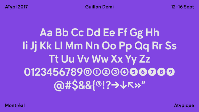 Julien Hébert says he chose Guillon as the principal typeface for this year’s conference because it was developed in Montréal by the very talented Feed Studio and Coppers and Brasses. As we celebrate the 50th anniversary of Montréal’s Expo 67, Guillon pays homage to the mid-century modernist grotesque, and is perfectly suited to the very heteroclite applications to come.