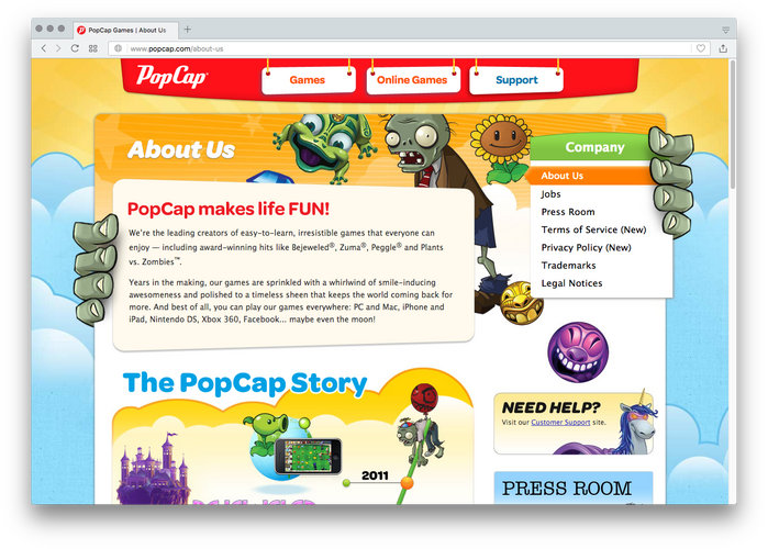 Top menu and headings on the PopCap website are set in a number of styles from the Omnes family, including Medium, Bold, and Bold Italic.