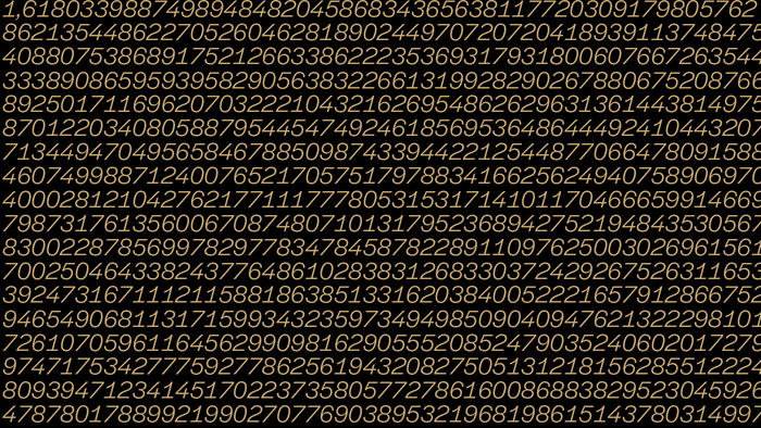 This slide shows the golden ratio, or divine proportion, calculated to a few hundred decimal places. The typographic pattern and texture created shows the tabular numerals from Halyard Display Book Italic to striking effect.