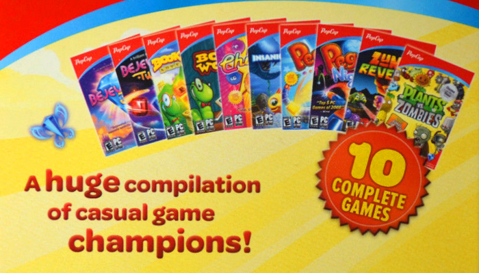 The vigorous Omnes Bold on the back cover of a games collection, loudly addressing potential customers. The type is arranged in staggered lines that are further animated by changing sizes. It received a 3D/shadow treatment that echoes similar effects in the game logos. The eye-catcher on the right shows the number ‘10’ set in Omnes Black, featuring its whimsical ‘1’.