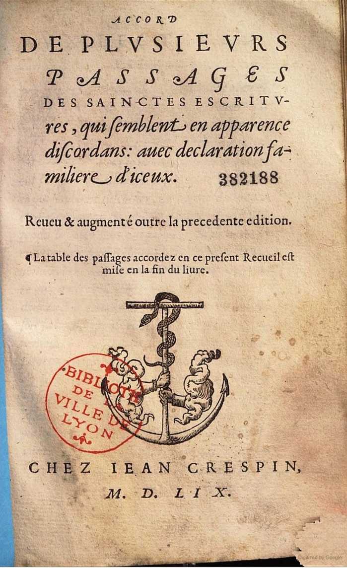 Accord de plusieurs passages des Saintes escritures &hellip; &mdash; a different book printed by Jean Crespin in 1559, using what looks like the same italic.