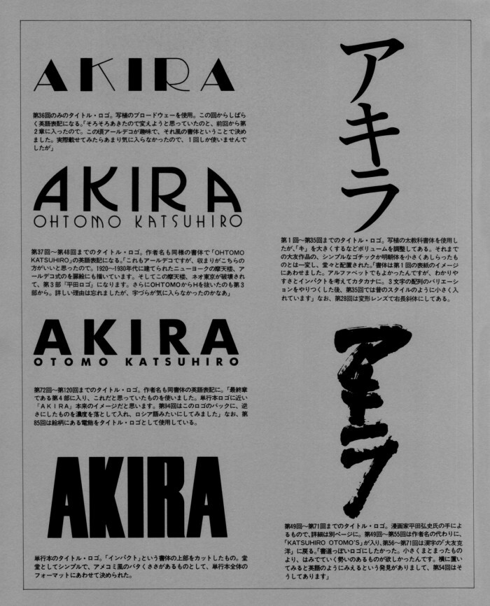 A diagram showing the various typefaces used for the AKIRA logo, included in the Akira Club book.