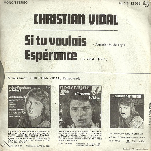 Christian Vidal – “Si Tu Voulais” / “Espérance” French single cover 2