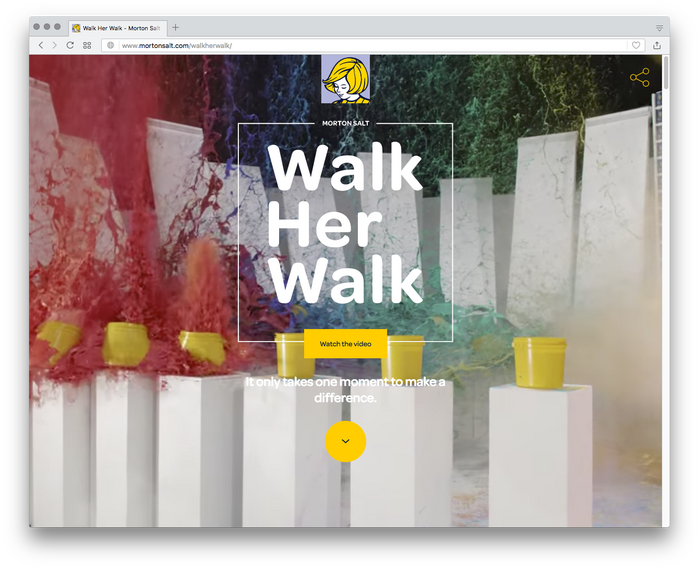 The landing page on Morton Salt&rsquo;s &ldquo;Walk Her Walk&rdquo; campaign website seamlessly continues the visual identity with Omnes as typographic basis.