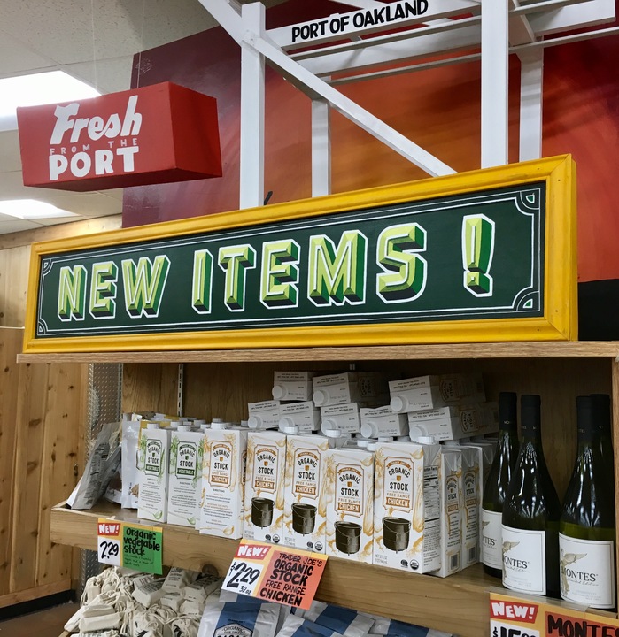 The Trader Joe&rsquo;s in Rockridge, Oakland, CA. All the signs and price cards in this photo are painted or written by hand, but one is not like the others.