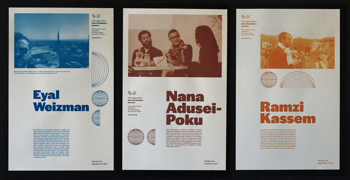 Tabloid posters, using a single color for each speaker. The names are in Halyard Display Black.