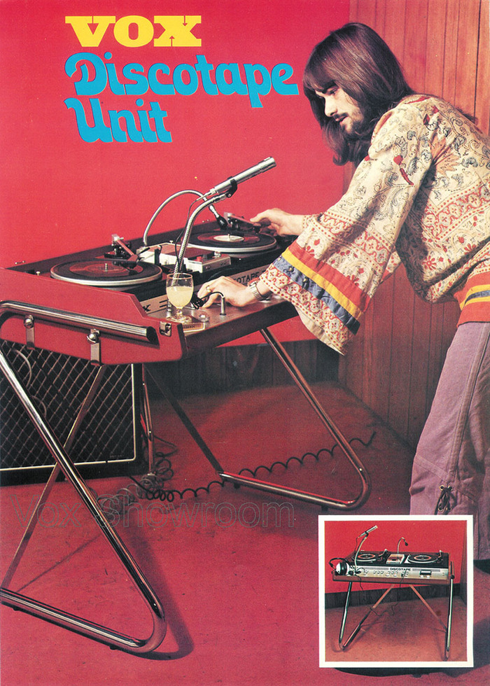 “The Vox Discotape Unit made creative use of the cabinet and stand of a Vox Continental II organ to make the first commercially produced portable DJ system.” — Gary Hahlbeck
