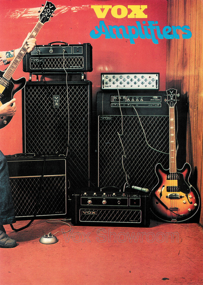 “Amplifiers pictured are an AC30 Top Boost Combo (lower left), Super Foundation Bass head with 2x18 cabinet (upper left), Foundation Bass head (center bottom), PA100 head with reverberation (upper right), and Slave Master (lower right).” — Gary Hahlbeck