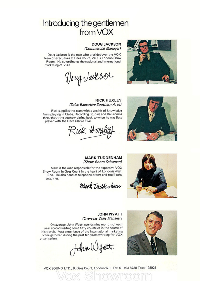 “Rick Huxley, former bassist with the Dave Clark Five, was hired by Vox to be the sales executive for the Southern area of the UK after the DC5 disbanded in 1970.” — Gary Hahlbeck