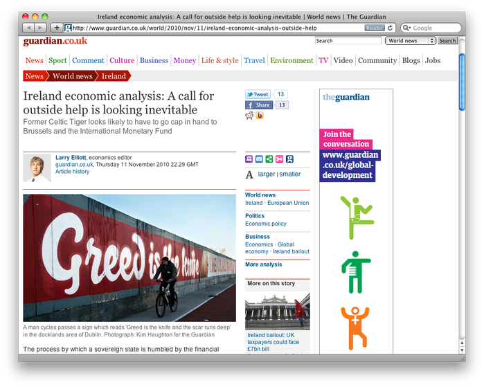 Article on the Irish crisis at the website of the English newspaper The Guardian, November 2010.
