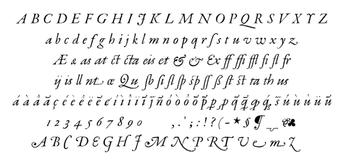 The character set of Robert Granjon&rsquo;s Paragon Italic. See also The Golden Compasses by Leon Voet, Digitale Bibliotheek voor de Nederlandse Letteren