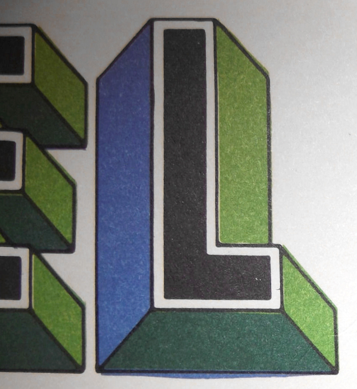 Detail showing the chromatic treatment of the letterforms, with slightly misaligned registration and some extra blue on the bottom — genuinely handmade!
