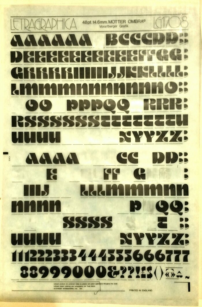 Designed by Othmar Motter of Vorarlberger Grafik, Austria, Motter Ombra was available in Letraset’s Letragraphica range. This is the original sheet of 48pt dry-transfer type where the letters for the album artwork came from. Note that most or all Ns and Us are still there. For these letters, the V glyph was repurposed — the liberties of the pre-Unicode era!
