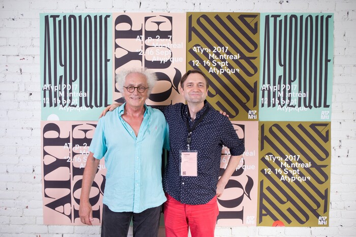 Two great type scholars (Luc Devroye left, Stephen Coles right) in front of some of the posters Julien designed with its own letterings, at ATypI 2017 closing party.