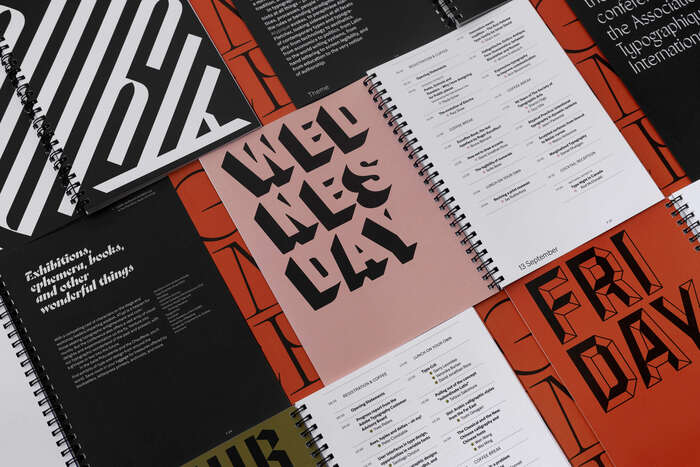 Some spreads from the program, displaying typefaces already featured above and new additions by The Pyte Foundry: Umbra, Octango and Symptom (not visible here).