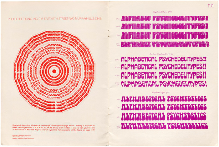 A page demonstrating the “Kaleidograph”, a technique that was likely used for the cover design. On the right are samples of typefaces that would later be known as Village (outline/shadow version), Davison Arabesque, and Scorpio.